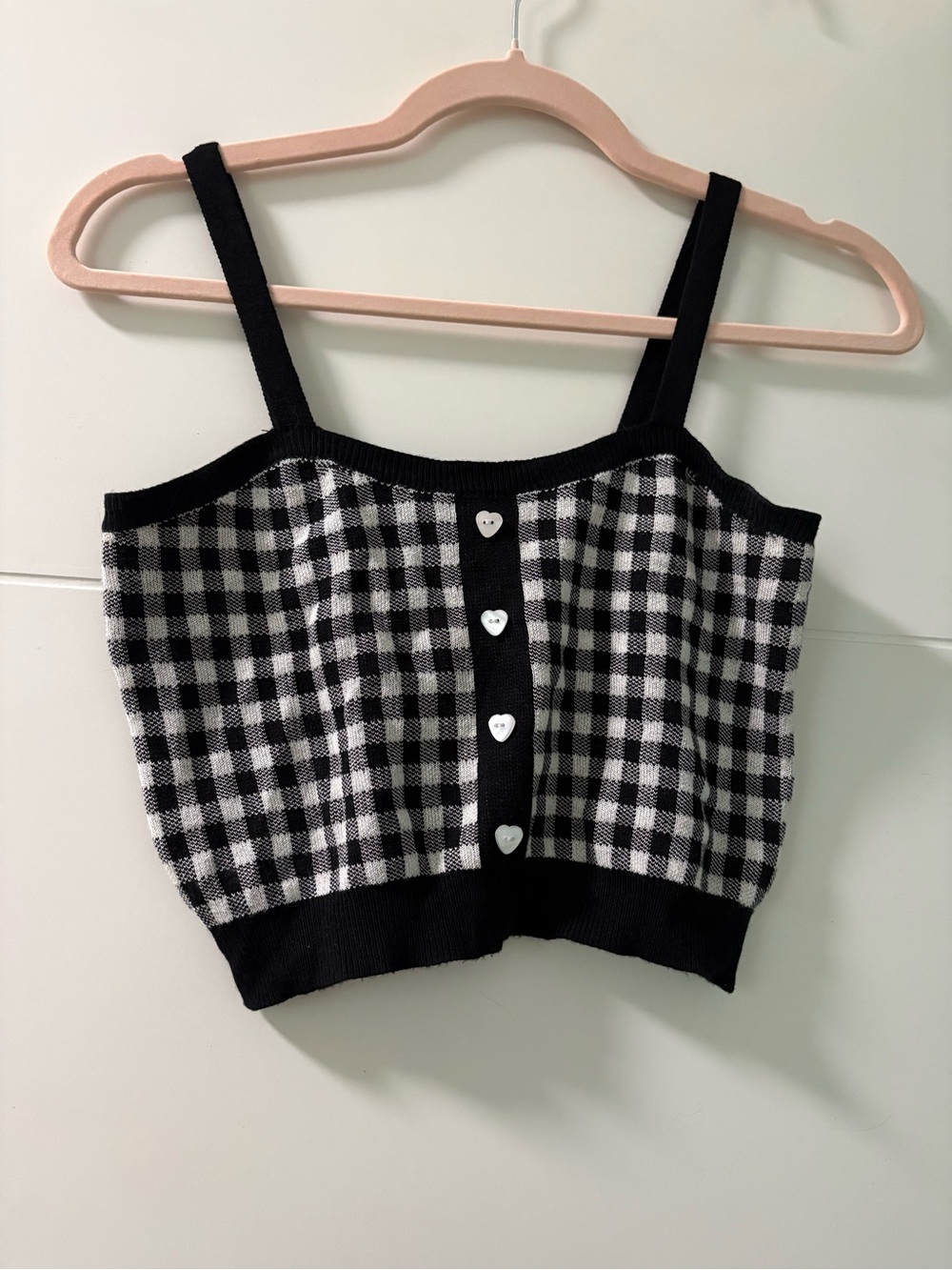 SHEIN Black and White Gingham Knit Cami with Heart Buttons